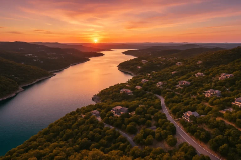 Panoramic aerial drone view of Lake Travis and the Texas Hill Country west of Austin at sunset with rolling hills, oak trees, and luxury homes
