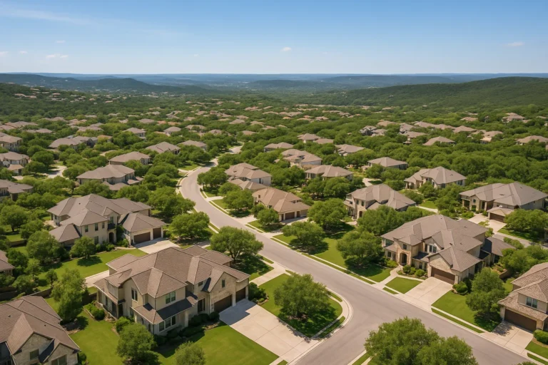 Aerial view of Bee Cave Texas residential neighborhood showing upscale homes and Hill Country landscape for 2026 market analysis