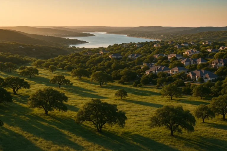 Aerial view of Texas Hill Country landscape comparing Bee Cave Lakeway and Dripping Springs communities west of Austin