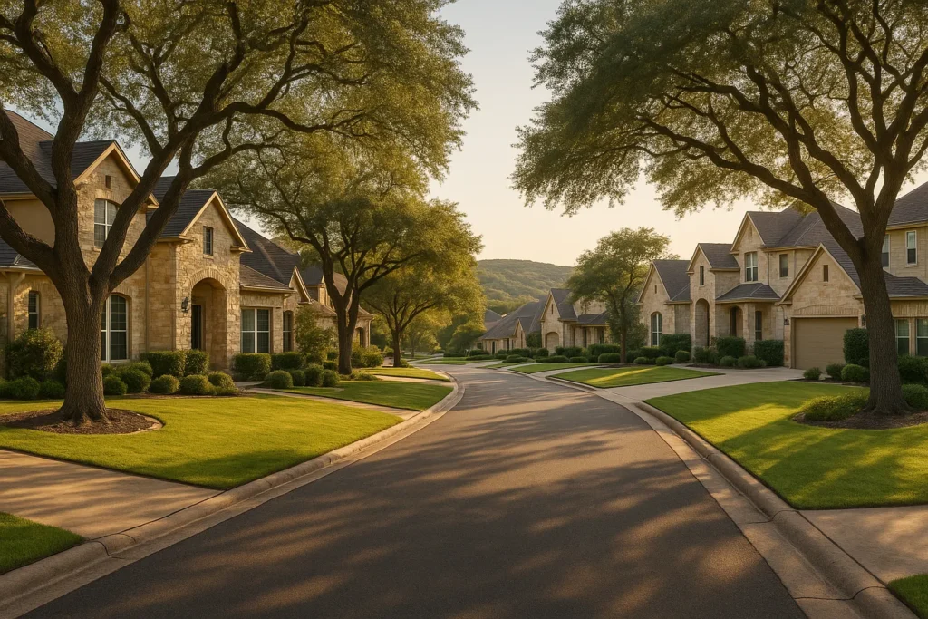 Tree-lined street in upscale Bee Cave Texas neighborhood with stone and stucco homes and Hill Country landscape