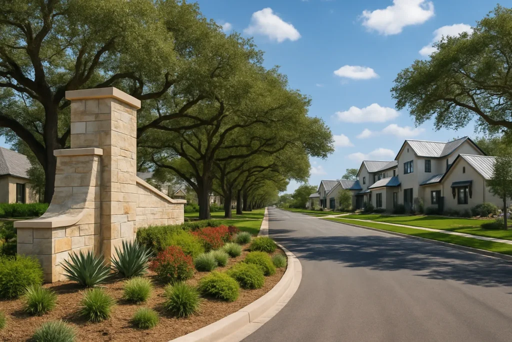 Entrance to a master-planned community in Dripping Springs Texas with stone monument tree-lined boulevard and Hill Country architecture homes