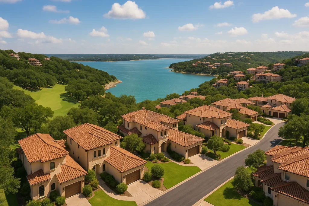 Lakeway Texas neighborhood overlooking Lake Travis with Mediterranean style homes and golf course fairway