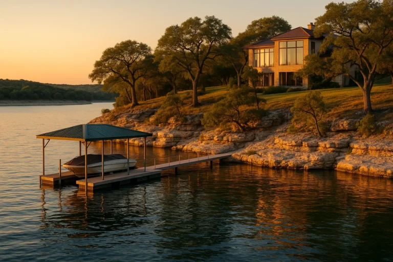 Lake Travis waterfront property showing private dock deep water access and Hill Country landscape in Lakeway Texas