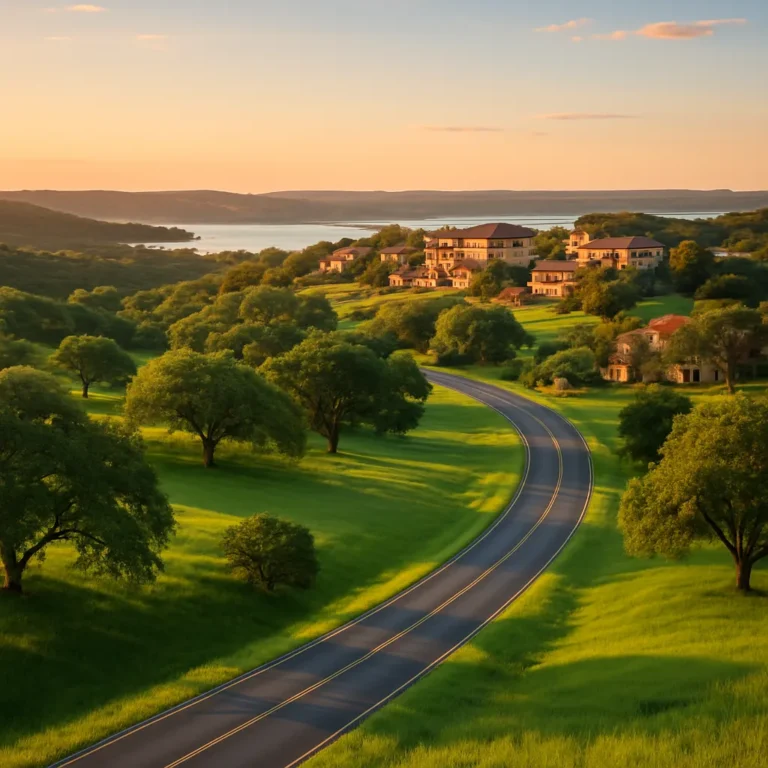 Scenic Texas Hill Country landscape with rolling hills and oak trees near Bee Cave