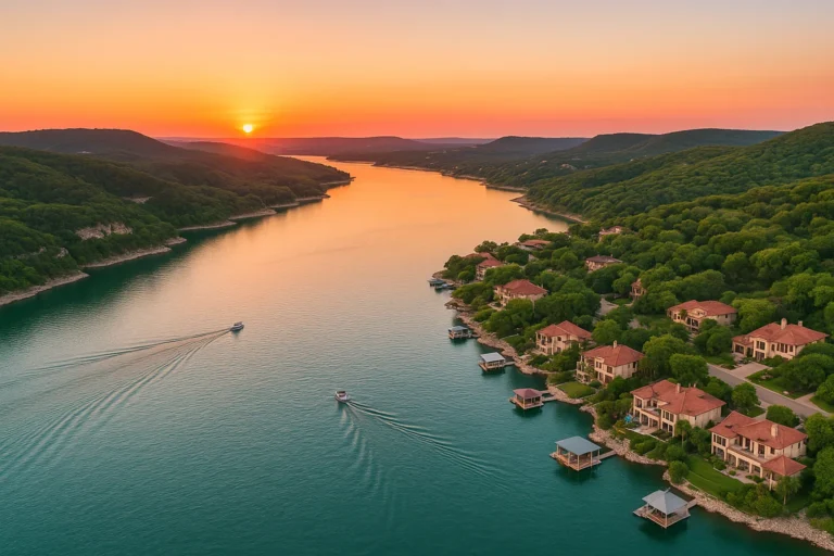 Aerial view of Lake Travis at sunset showing the Texas Hill Country landscape and waterfront homes in Lakeway Texas