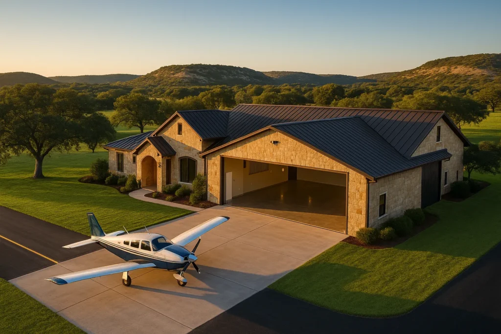 Luxury hangar home in the Texas Hill Country with a single-engine airplane on the taxiway at a Central Texas fly-in community airpark
