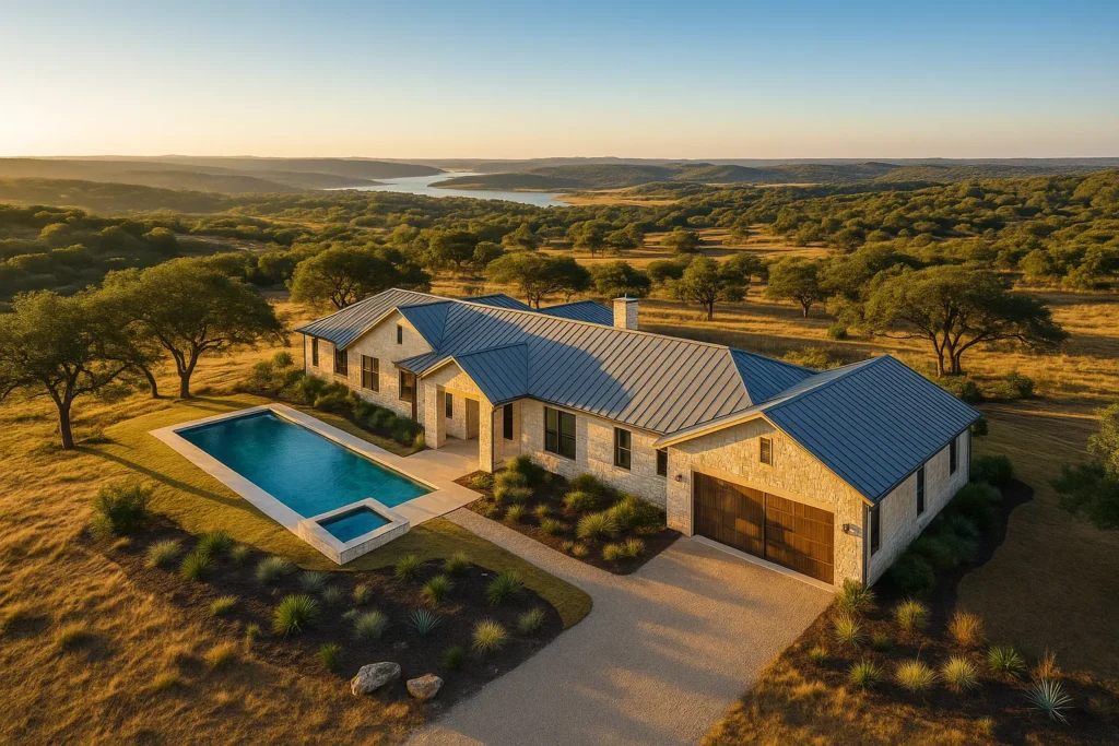 Luxury ranch-style investment property in the Texas Hill Country near Austin with limestone exterior, swimming pool, and panoramic Hill Country views
