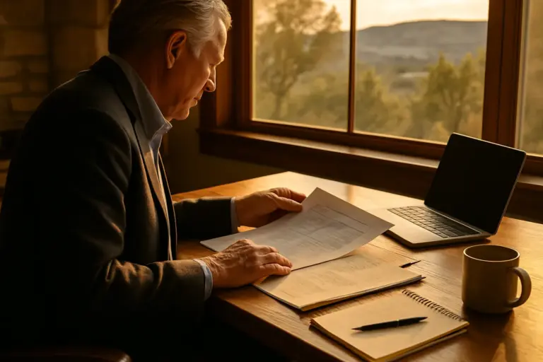 Experienced real estate agent reviewing succession planning documents at desk with Texas Hill Country view through window