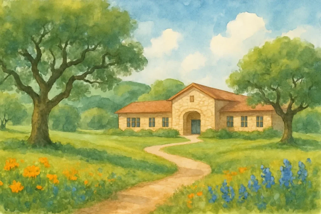 Watercolor illustration of a Texas Hill Country elementary school campus