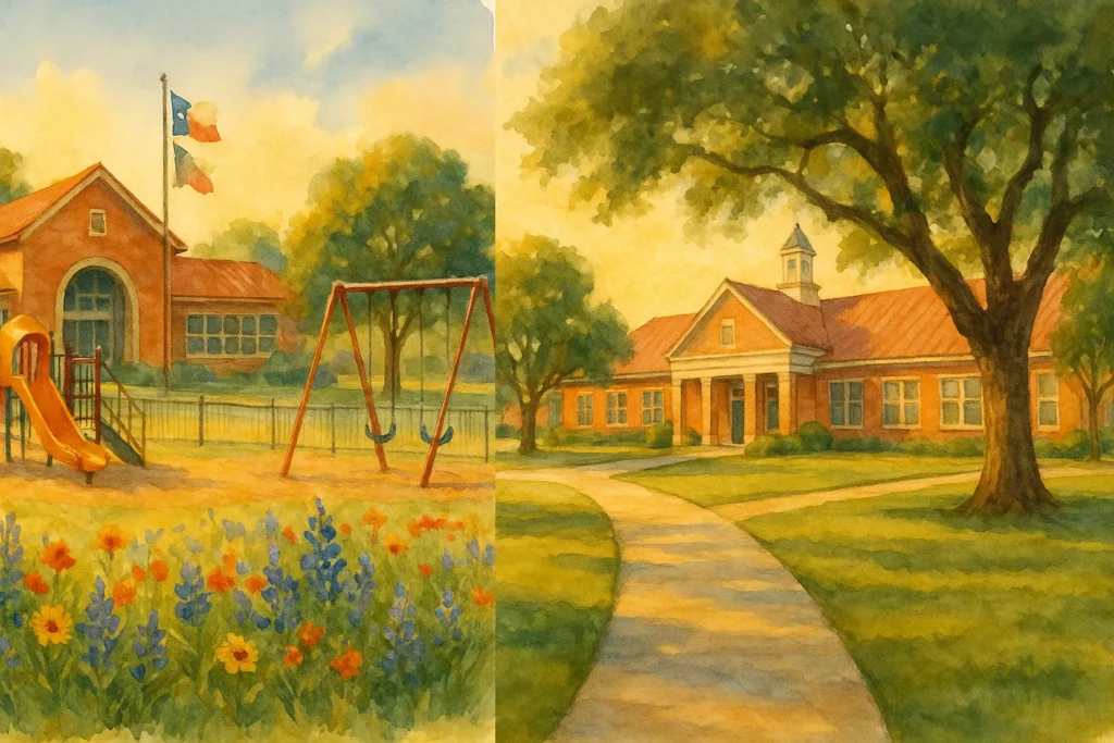 Artistic illustration comparing two Lake Travis ISD elementary schools