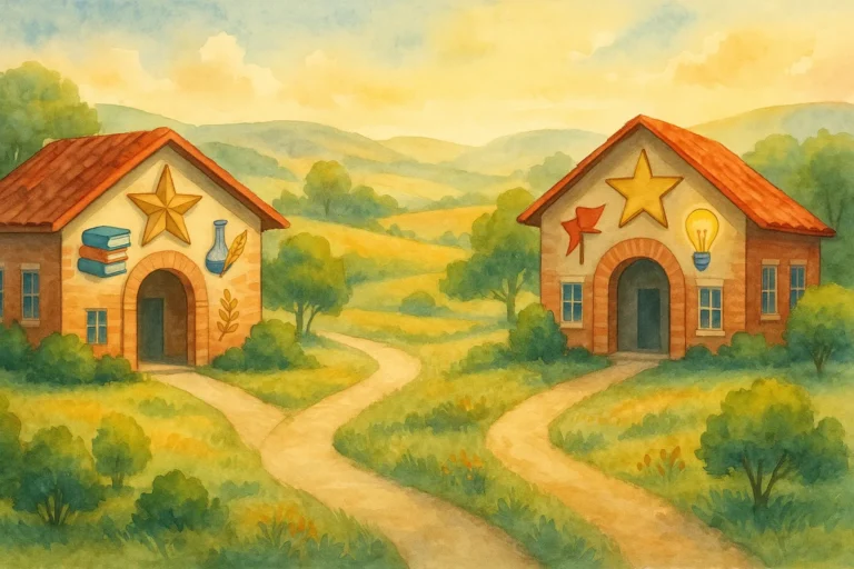 Watercolor of two Hill Country elementary school campuses