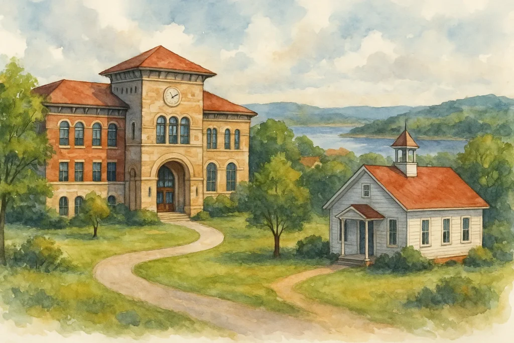 Watercolor illustration of two Lakeway Texas elementary schools