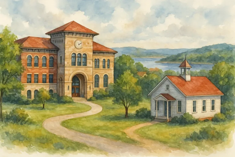 Watercolor illustration of two Lakeway Texas elementary schools