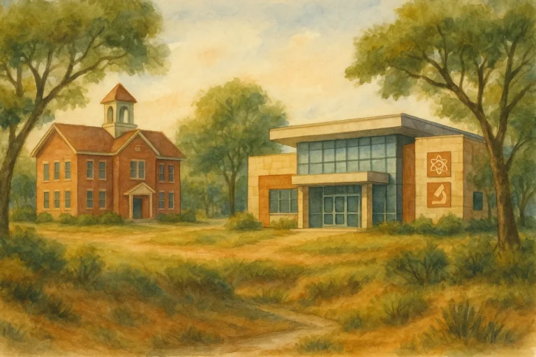Artistic illustration of classic and modern LTISD campuses