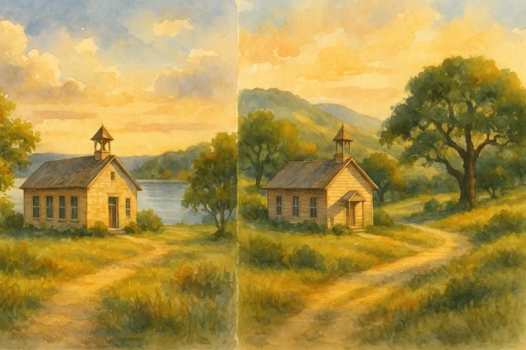 Watercolor of lakeside and hillside elementary schools