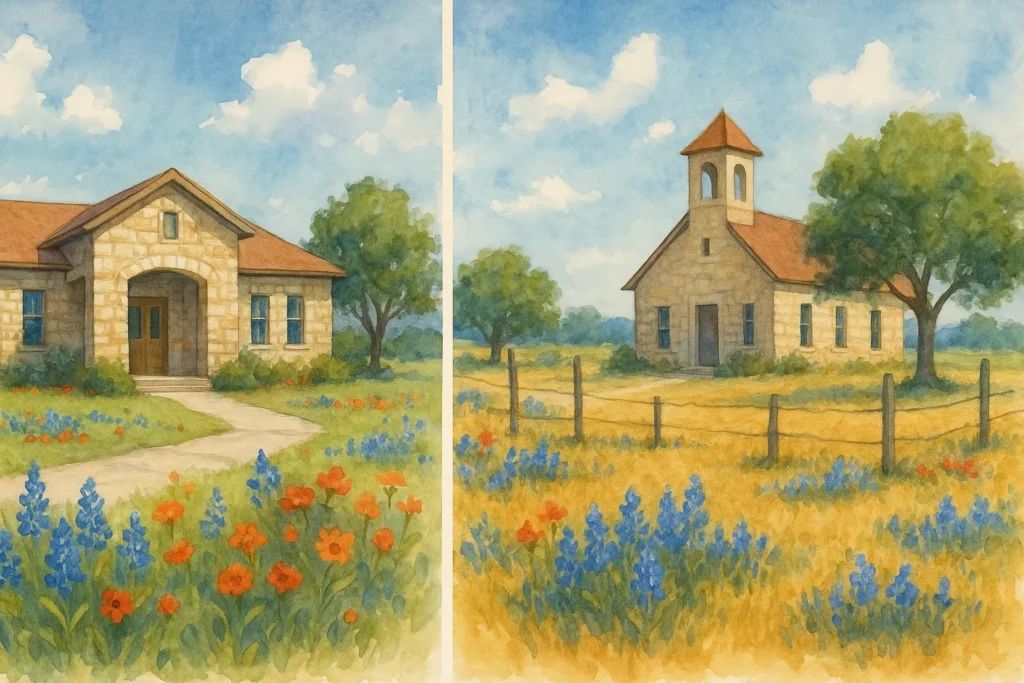 Watercolor of two small LTISD elementary campuses