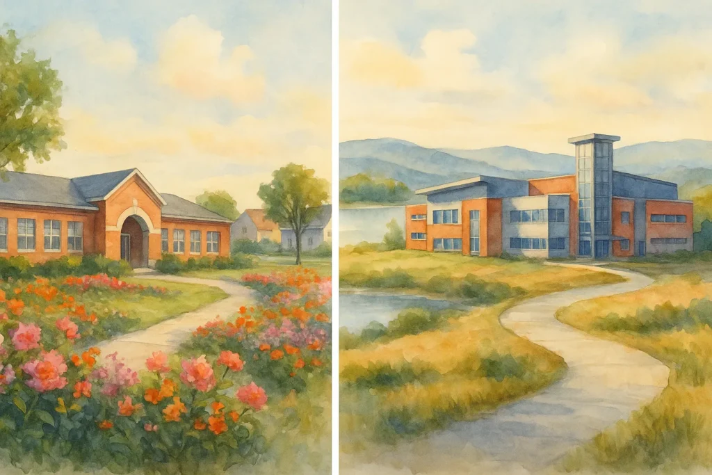 Watercolor illustration of Bee Cave and Rough Hollow school campuses