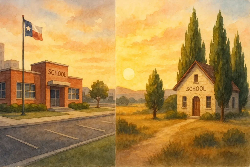 Watercolor comparing suburban and rural Hill Country schools