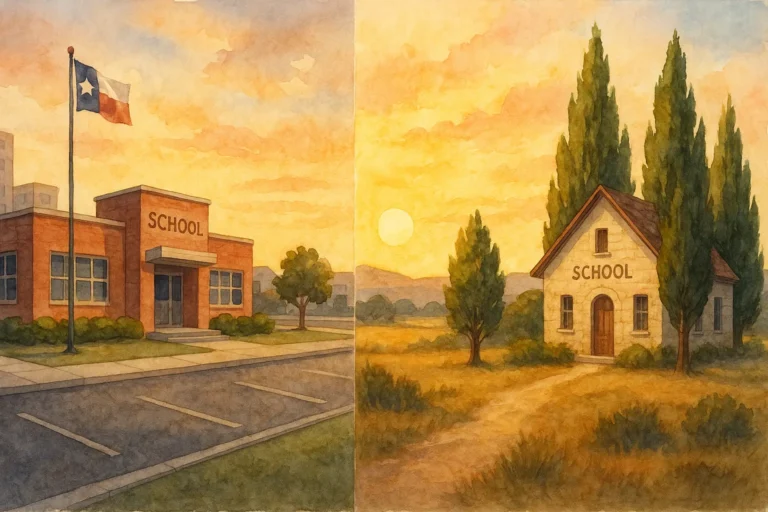 Watercolor comparing suburban and rural Hill Country schools