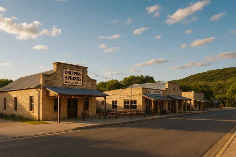 Charming main street scene in Dripping Springs Texas with limestone buildings, string lights, and Hill Country landscape in background