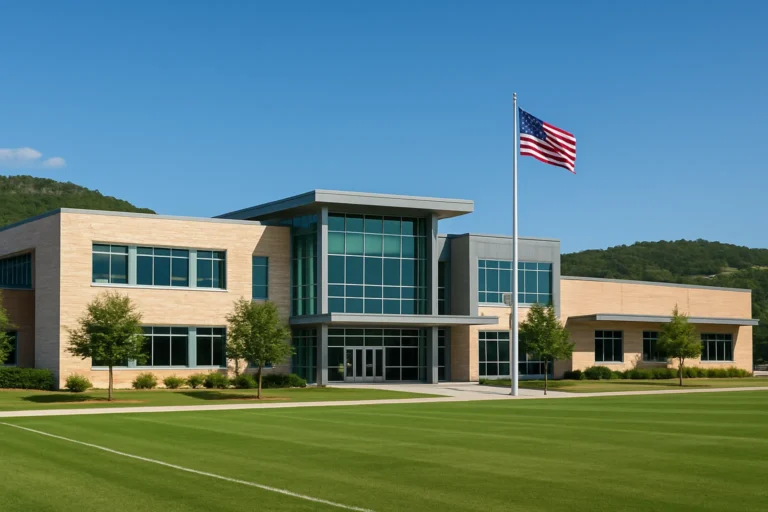 Modern Texas public school campus exterior with limestone and glass architecture athletic fields and Hill Country landscape