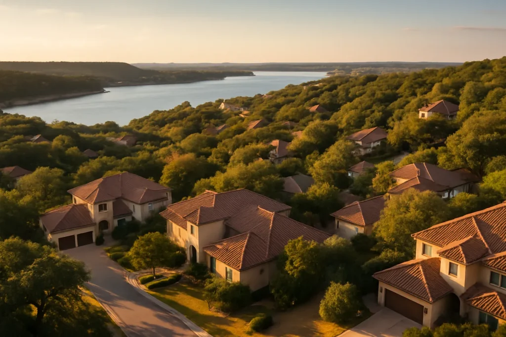 Lakeway Texas hillside homes with Lake Travis visible in the distance for 2026 real estate market analysis