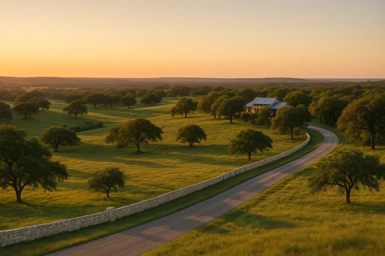 Texas Hill Country landscape near Dripping Springs showing rolling hills live oak trees and a winding country road at golden hour