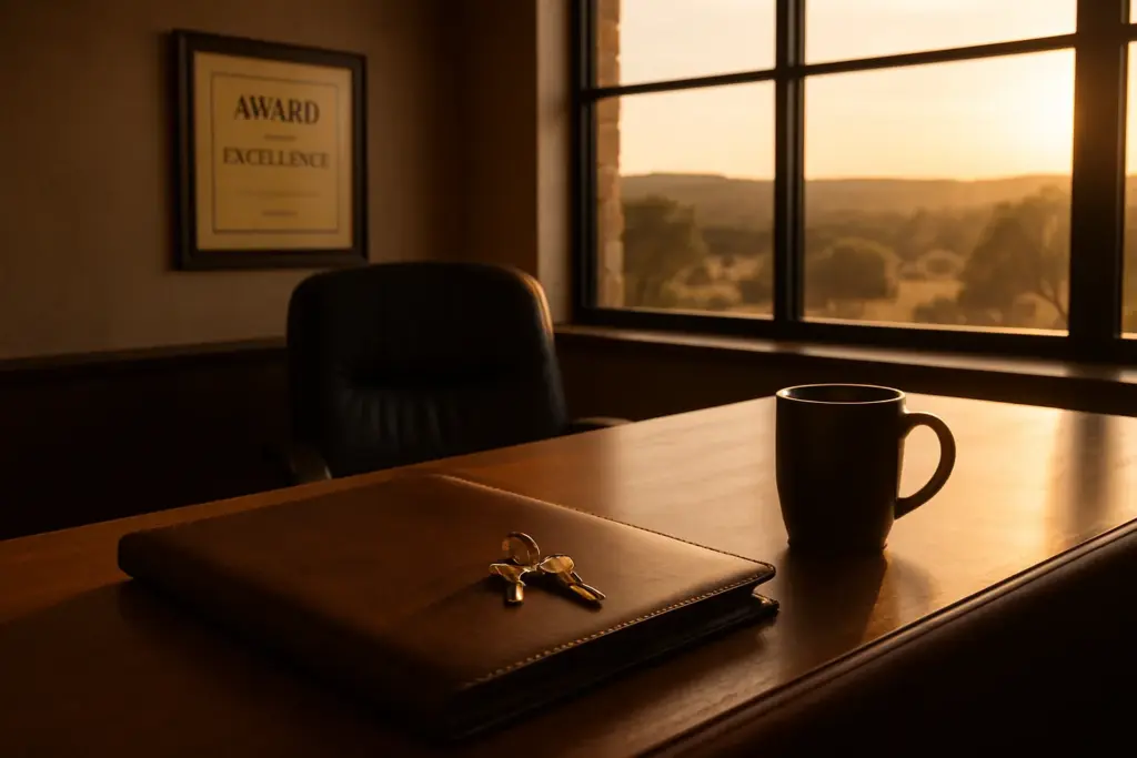 Empty real estate office desk at golden hour with house keys and leather portfolio, Texas Hill Country view through window