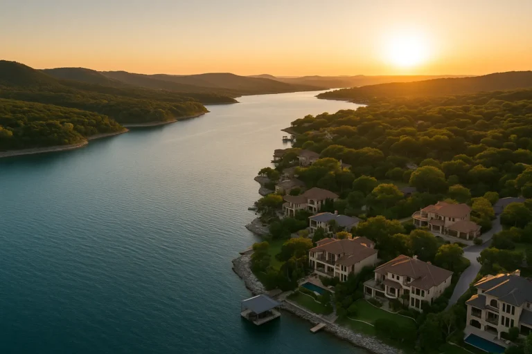 Aerial view of Lake Travis at golden hour showing blue water, Texas Hill Country landscape, and waterfront homes in the Lake Travis ISD area