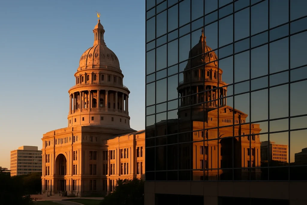 Texas State Capitol building at golden hour with modern Austin skyline reflecting government and business