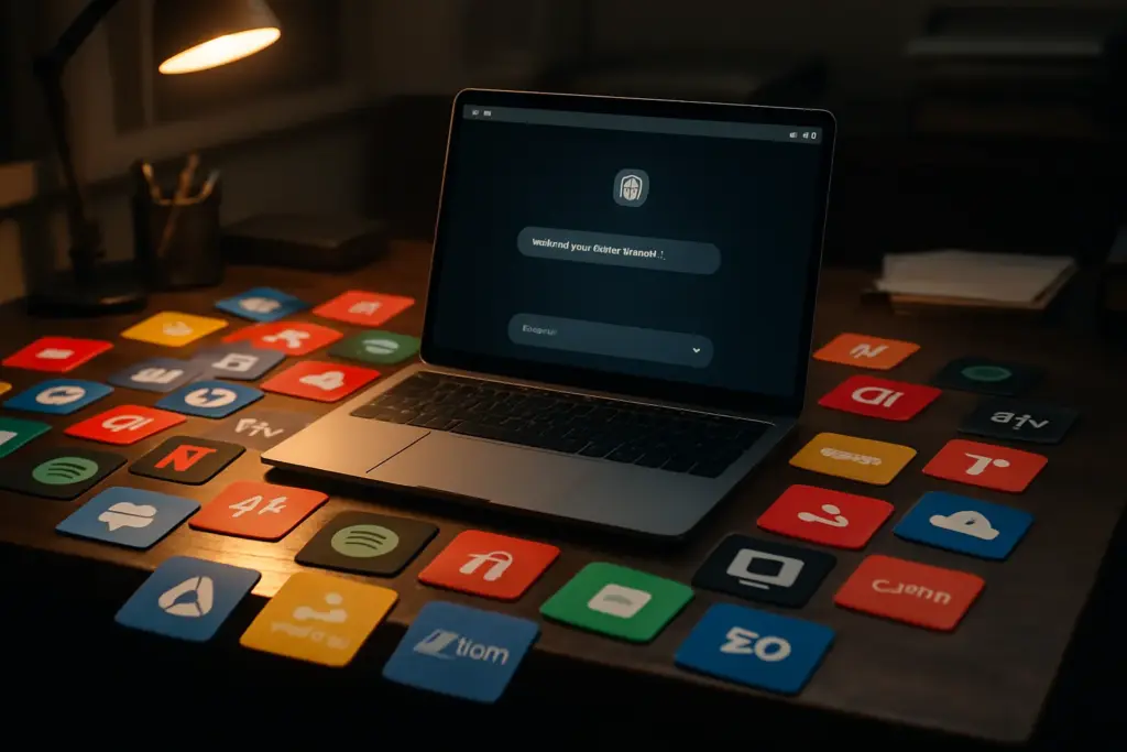 Cluttered desk covered with software subscription cards next to a clean laptop showing AI chat interface, symbolizing tech stack consolidation