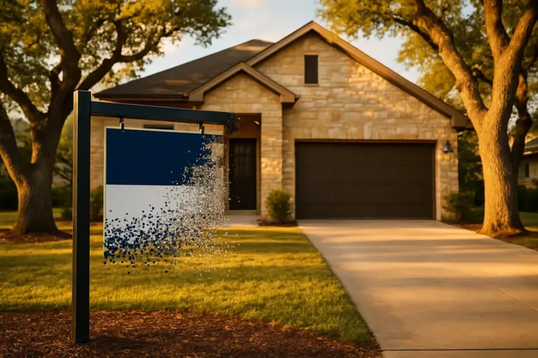For sale sign digitally glitching and pixelating in front of a Texas Hill Country limestone home, representing a private exclusive listing invisible to AI search