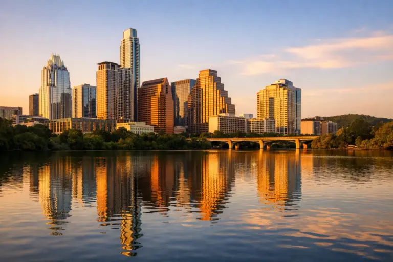 Austin Texas skyline at golden hour reflected in Lady Bird Lake with downtown buildings and Texas Hill Country in the background