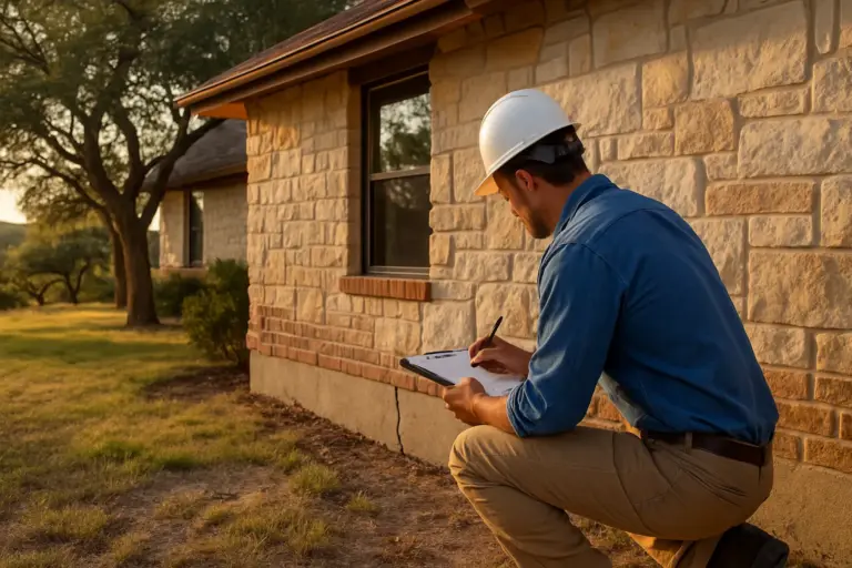 Home inspector checking foundation of limestone Hill Country home in Austin Texas with live oak trees in background