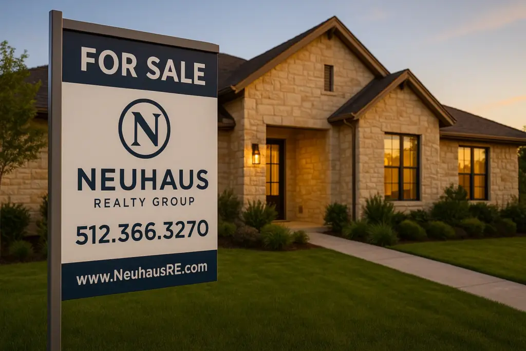Neuhaus Realty Group for sale sign in front of a limestone Hill Country home at golden hour in Austin Texas