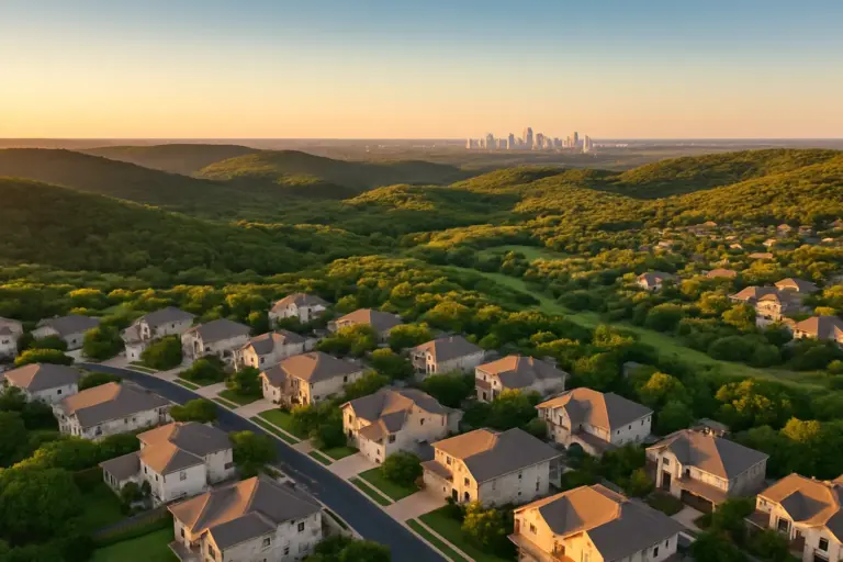 Aerial view of Austin Hill Country residential neighborhoods with limestone homes rolling hills and Austin skyline at golden hour representing the 2026-2027 housing market forecast