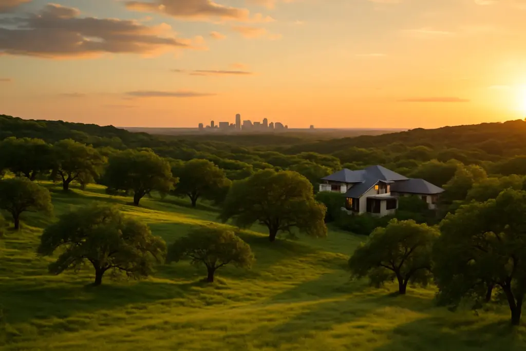 Austin Texas Hill Country landscape with modern home and city skyline at golden hour sunset