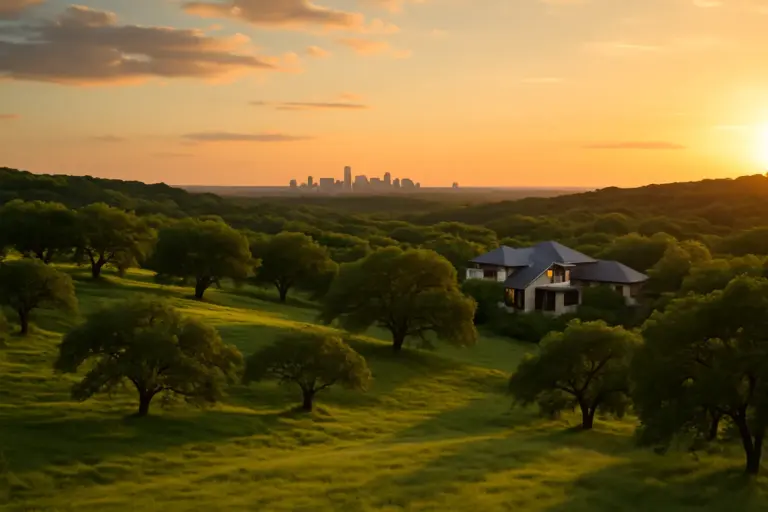Austin Texas Hill Country landscape with modern home and city skyline at golden hour sunset