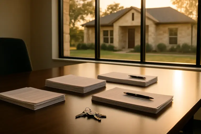 Real estate closing table with documents, pens, and house keys at a Texas title company
