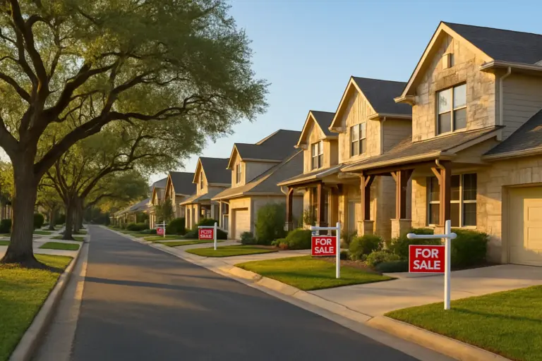 Austin Texas neighborhood street with For Sale signs and live oak trees showing a buyer market with multiple available homes