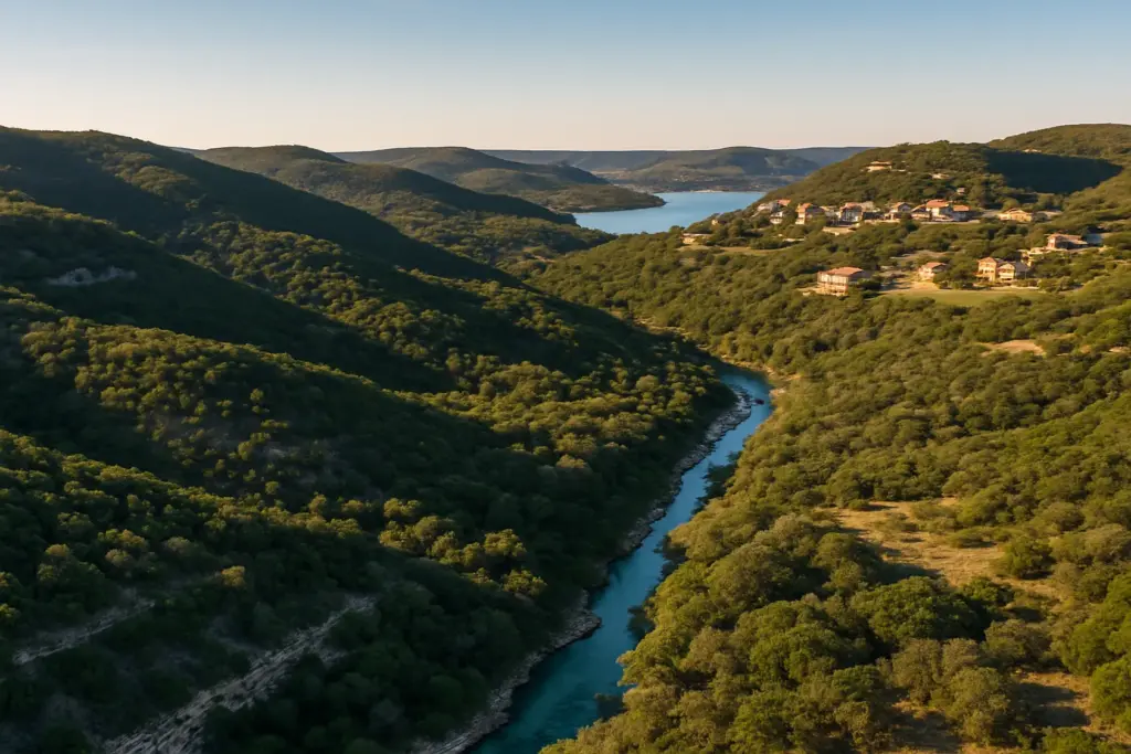 Aerial view of Texas Hill Country landscape near Austin showing limestone hills, cedar trees, and spring-fed creek at golden hour