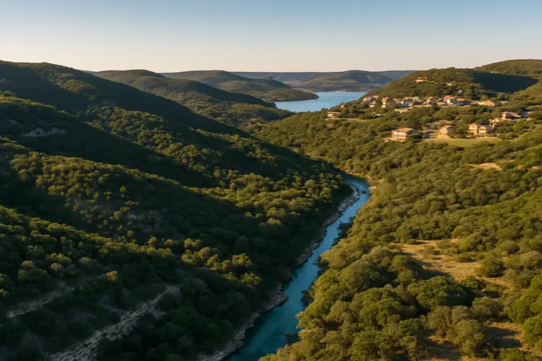 Aerial view of Texas Hill Country landscape near Austin showing limestone hills, cedar trees, and spring-fed creek at golden hour
