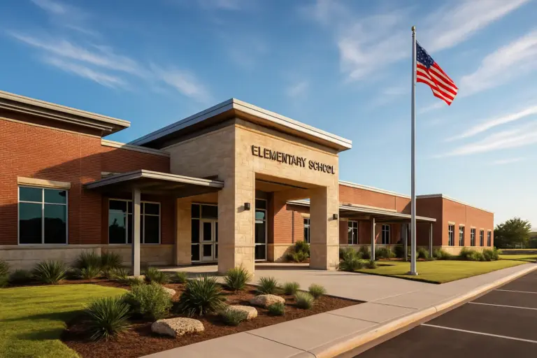 Exterior of a modern Texas Hill Country school building with limestone facade and native landscaping on a sunny morning