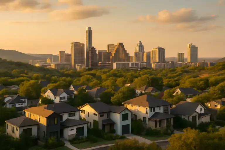 Wide angle view of Austin Texas skyline at sunset with residential neighborhoods in Hill Country showing modern homes and rolling terrain