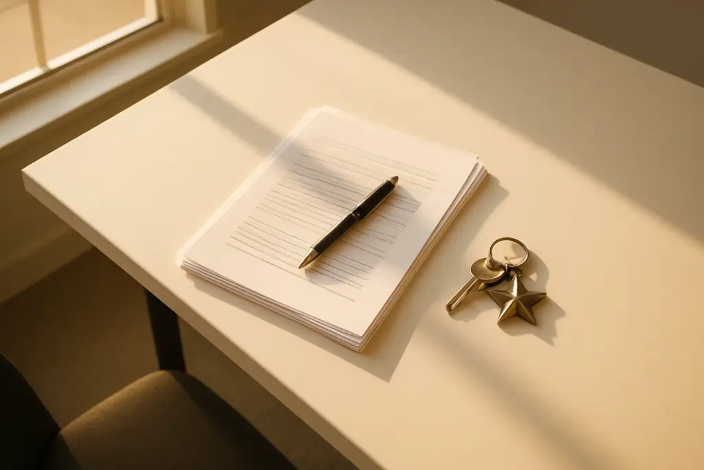 Home purchase closing documents and house keys on a desk at a Texas title company