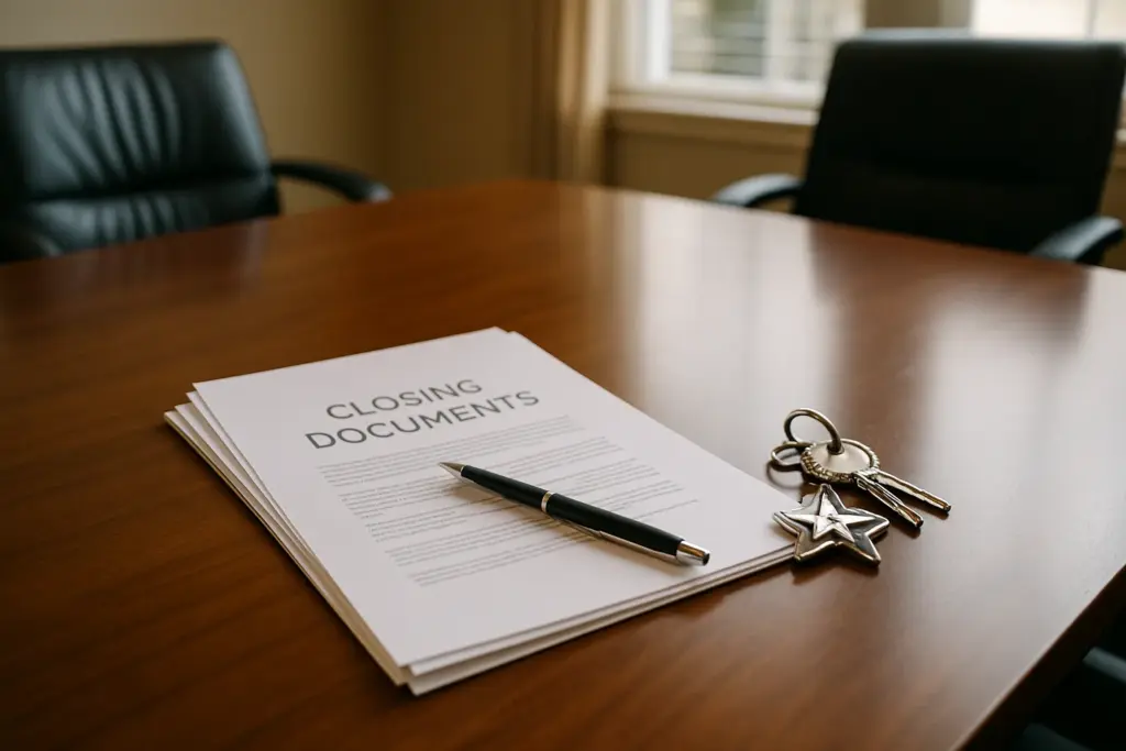Title company closing table with signed documents and house keys representing Texas real estate closing costs
