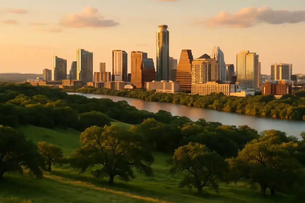 Aerial view of downtown Austin Texas skyline at golden hour with Hill Country rolling hills, Lady Bird Lake, and Texas landscape for Austin relocation guide