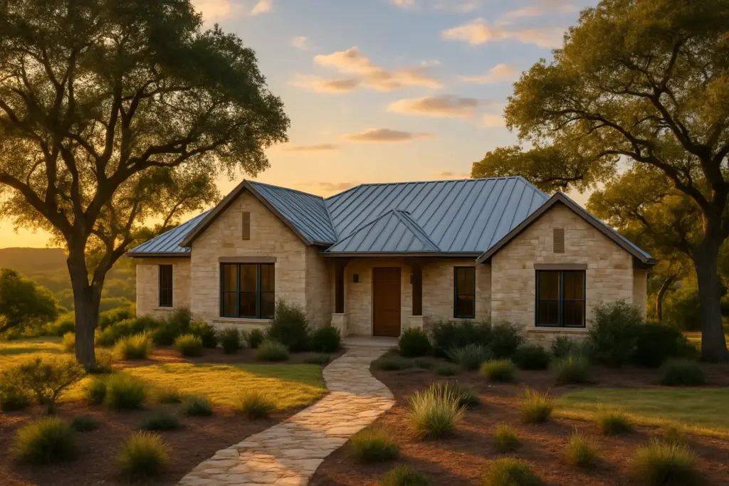 Hill Country home with limestone exterior and metal roof surrounded by oak trees overlooking rolling hills at sunset in West Austin Texas