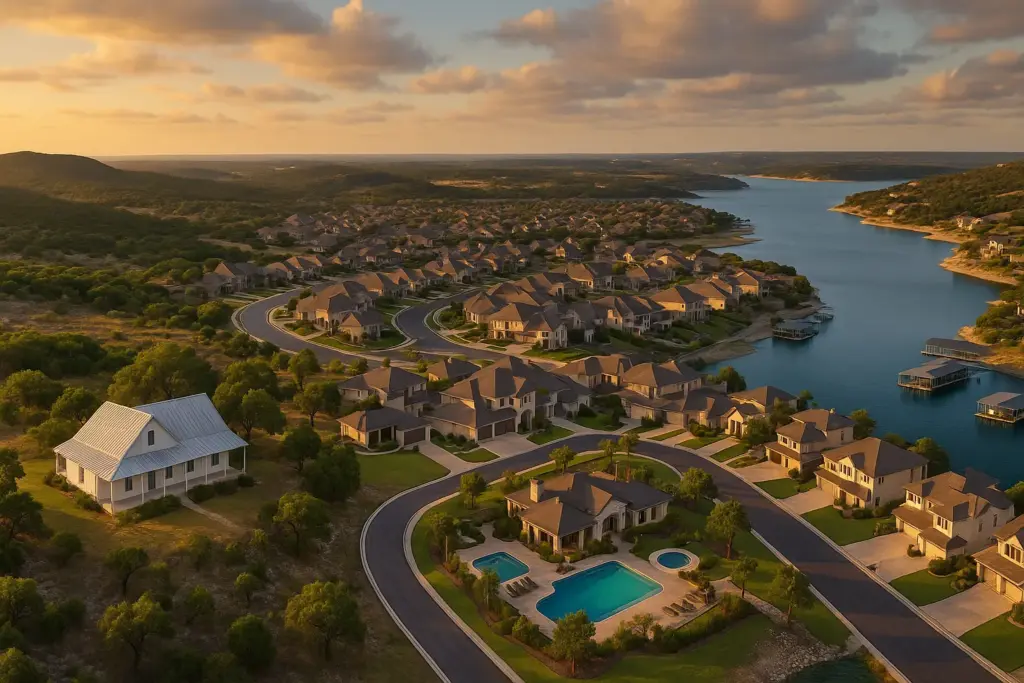 Aerial view comparison of Dripping Springs rural Hill Country landscape, Bee Cave suburban community, and Lakeway waterfront homes on Lake Travis Texas