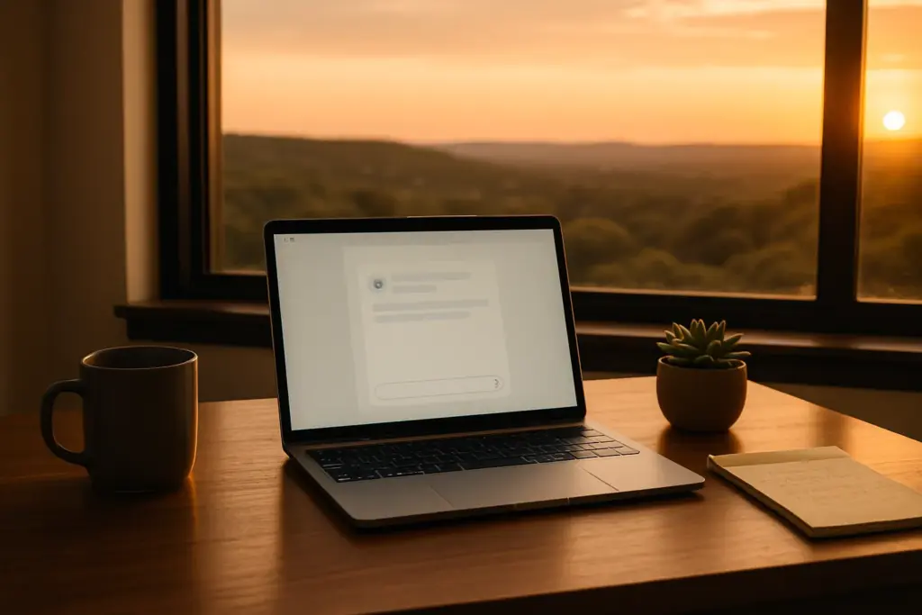 Modern home office desk with open laptop showing AI chat interface, coffee mug, and Texas Hill Country landscape visible through window at sunset